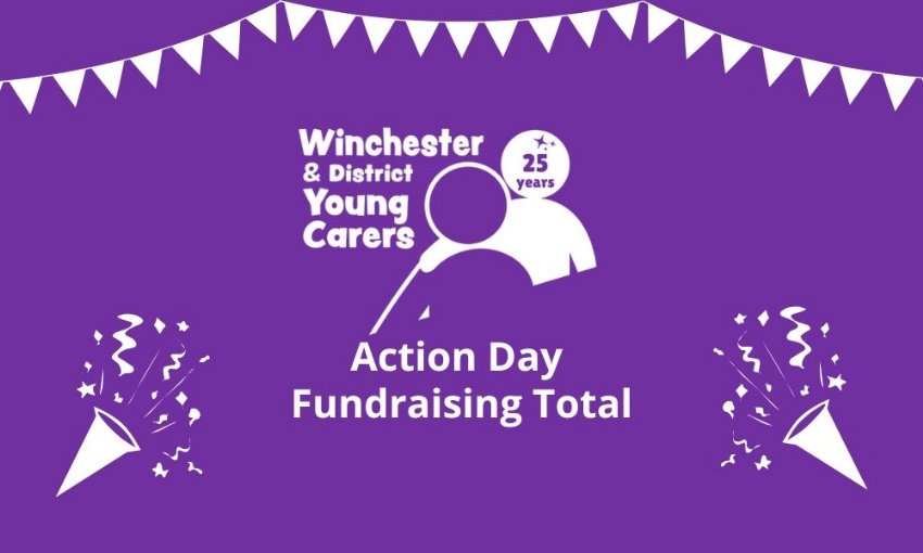 Image shows the Winchester and district young carers logo, the text action day fundraising total, with confetti and bunting in the background